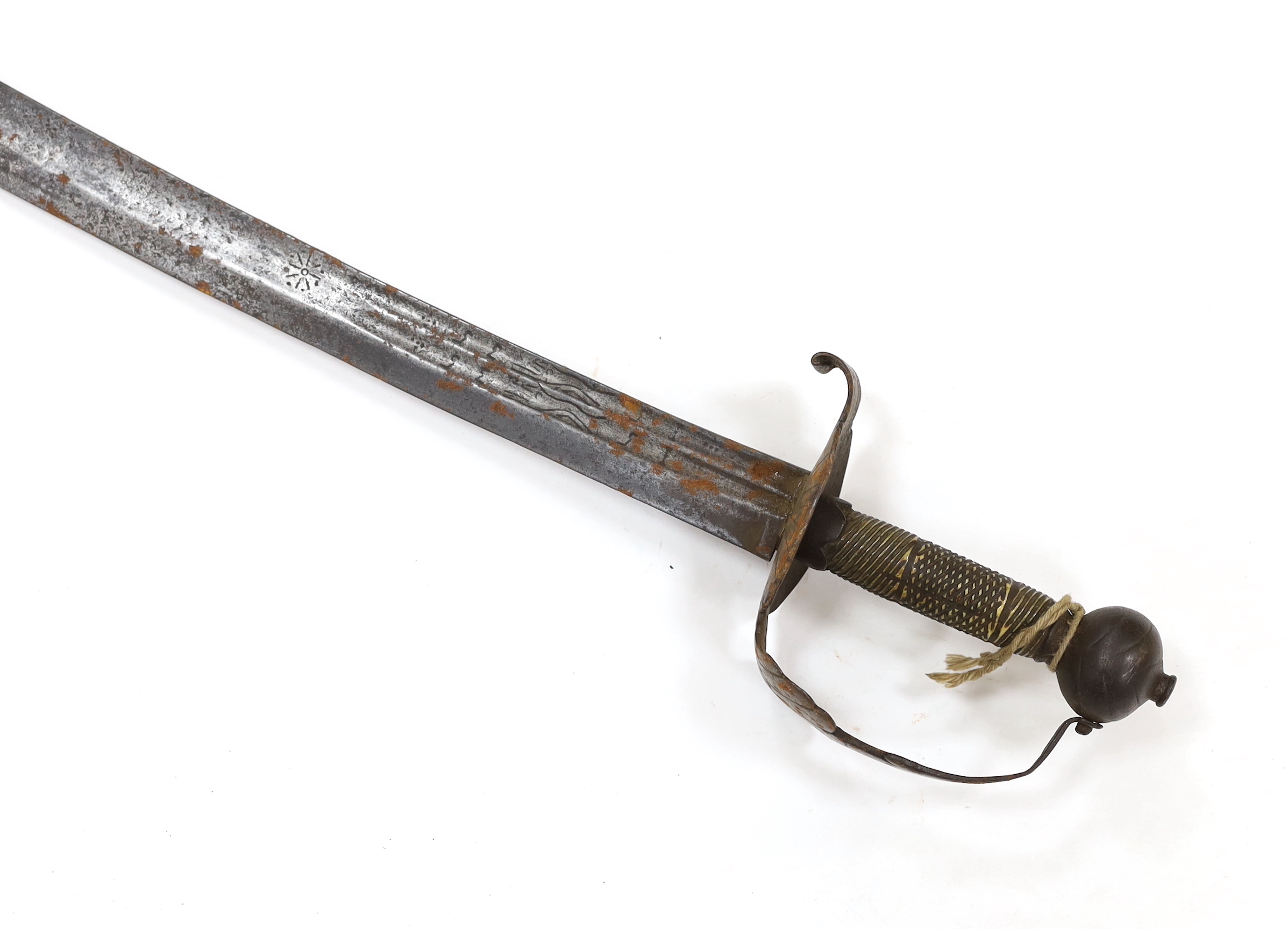 An English hangar, mid 17th century, curved fullered blade engraved with spurious date 1535 and running wolf mark, iron guard slightly reduced and swollen pommel, spirally carved and chequered bone grip, blade 67.5cm